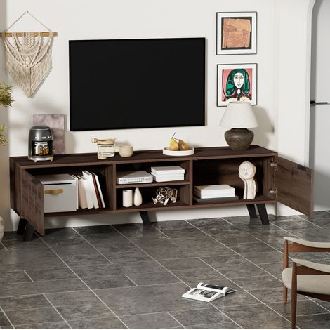 TV-Schrank aus Spanplatte in Holzfarbe, 160,5 x 35,5 x 45 cm, mit 2 Türen, 2 offenen Fächern und 15 cm Bodenfreiheit (1/5)