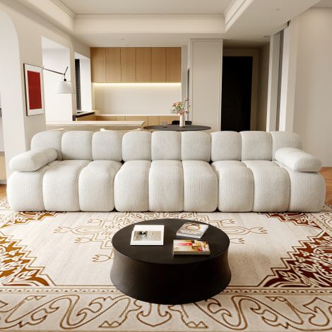Canapé droit 300 cm en tissu blanc à mousse haute élasticité, sans montage, pour salon et appartement (1/5)