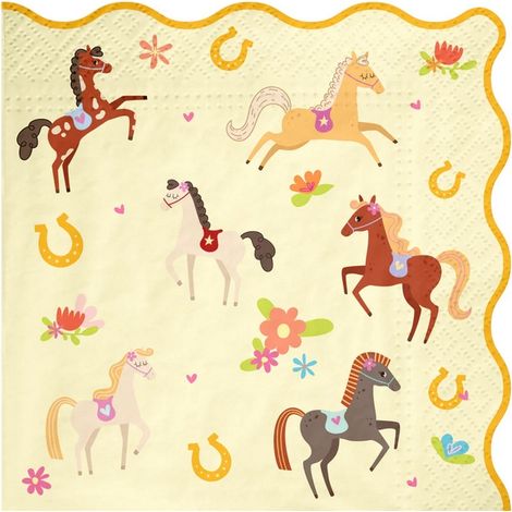 Servilletas de papel con diseño de CABALLOS, ponis y fiesta de cumpleaños con temática de caballos. 33x33cm, 10 unidades. (1/4)