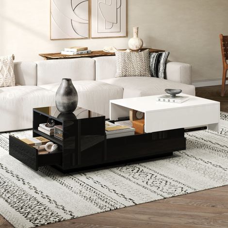 Table Basse Extensible 100x50x38cm, Table de Salon Brillante avec Tiroir de Rangement et Plateau Coulissant - Design Noir et Blanc (1/5)