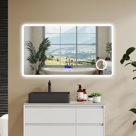 AICA SPECCHIO DA BAGNO BLUETOOTH 120X70CM CON ANTIAPPANNAMENTO + DIMMERABILE + 3 COLORI + INGRANDIMENTO 3X (1/5)