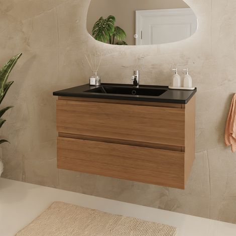 LOMAZOO Meuble de Salle de Bain 80cm - Chêne Chaud - Vasque Noire