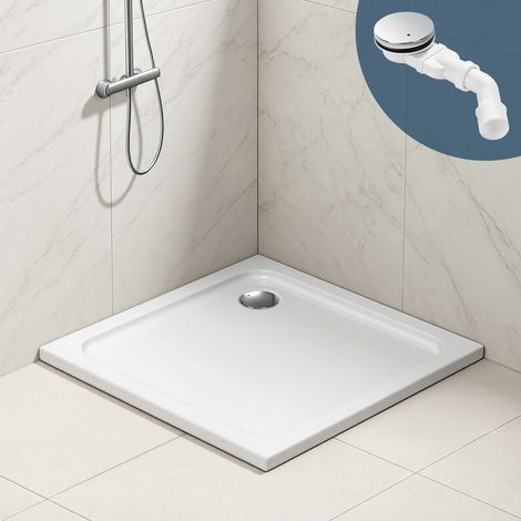 Wolketon Plato de ducha extraplano 90 x 90 cm cuadrado blanco con desagüe Ø 90 mm cromada (1/5)