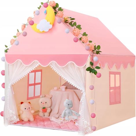 Kinderhaus-Zelt, Schloss-Palast für Zimmer, Gartenhaus + rosa LED-Lampen