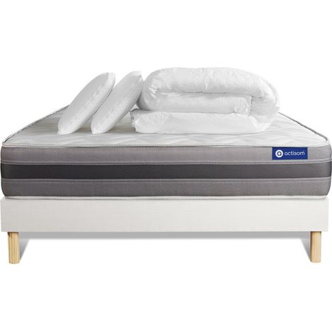 Komplettpaket Bett - Matratze 140x200 cm + Boxspringbett mit Lattenrost (im Set) + 2 Kopfkissen + Bettdecke - Actilatex Relax