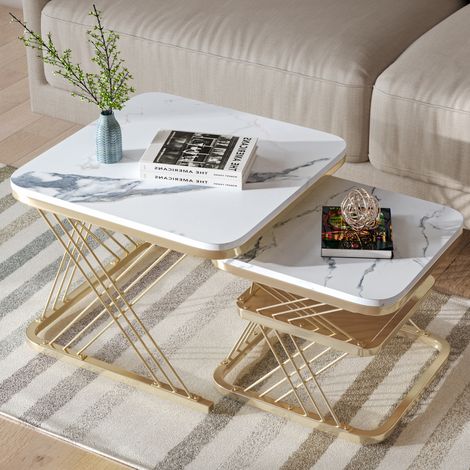 Zweiteiliges Set aus ineinander schiebbaren Couchtischen mit Goldgestell, moderne runde Couchtische für Wohnzimmer, Schlafzimmer, Balkon oder Büro. 70 cm + 45 cm (1/5)