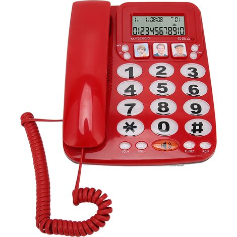 Téléphone fixe filaire avec identification de l'appelant, sonnerie réglable, fonction muet, raccourcis, rangement et indicateur pour la maison ou le bureau (rouge).