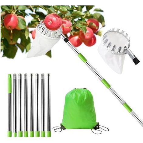 Cueilleur de pommes avec manche télescopique, cueilleur de fruits de 3,2 m avec 8 perches télescopiques légères en acier inoxydable et 1 sac en coton, cueilleur de fruits avec pour la (1/5)