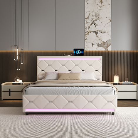 Letto 140x190 cm, 4 cassetti con illuminazione LED nella testata e nei piedi del letto + ricarica USB, velluto - Bianco (1/5)