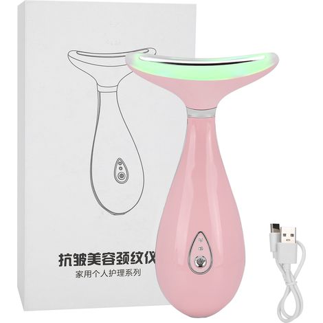 Soin photothérapie anti-rides cou, appareil massage fermeté lifting peau rose, machine lissage cou.