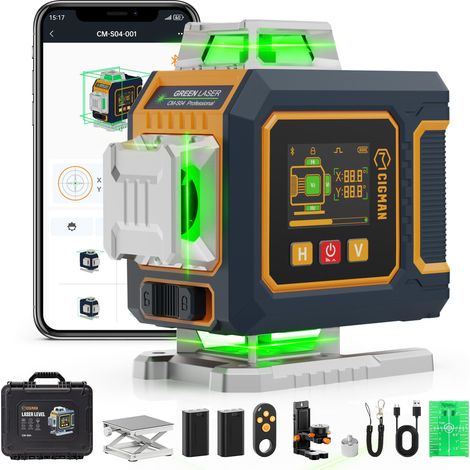 Laser en croix, contrôle intelligent 4 x 360 °, niveau à bulle automatique, avec écran LCD, laser de construction, vert, pour construction intérieure (1/5)