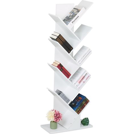 Relaxdays Bücherregal, 9 Ebenen, HBT: 138 x 51 x 25 cm, Baum-Design, Bücher, CDs, Dekoregal, Wohnzimmerregal, weiß