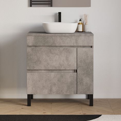 Meuble de salle de bain 80cm avec plateau et vasque à poser arrondie - porte et tiroirs - sans miroir - ciment (gris) - LAZARO (1/5)