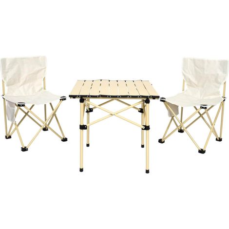 Altobuy – Set de camping pliable 1 table basse 53x50cm et 2 fauteuils en métal et polyester – Sac de transport inclus – Idéal pour activités en plein air