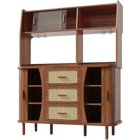 Armario buffet de cocina con puertas correderas de cristal y 3 cajones ratán HOMVRA (1/5)