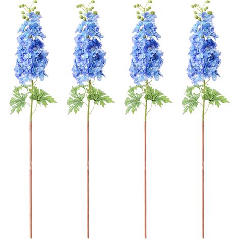 Delphinium artificiel en latex, lot de 4, tige de 80 cm, aspect réaliste, idéal pour vase haut, décoration de table, arrangement floral de mariage, bleu. (1/2)