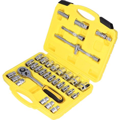 Jeu de 32 douilles à chocs, acier Cr-V, poignée convexe miroir, cliquet et embouts, trousse outillage professionnelle (1/5)