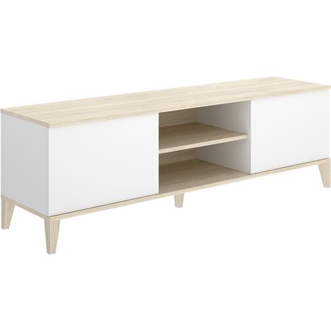 Meuble TV bas avec 2 portes abattante et 2 niches centrales, coloris naturel/blanc - Hauteur 48,1 x Longueur 150 x Profondeur 39,9 cm (1/5)