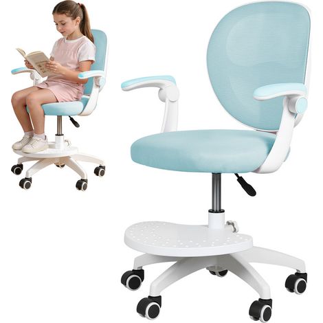 FIANAO - Chaise d'étude pour enfants - Design ergonomique - accoudoirs réglables - Coussin de siège en forme de selle - repose-pieds - hauteur d'assise réglable, rotation à 360 degrés, Bleu clair (1/5)