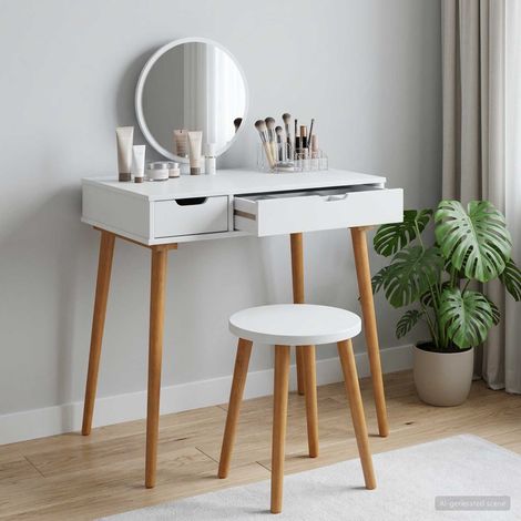 Coiffeuse avec rangements 2 tiroirs en bois blanc 76 x 50 x 78 cm - PANGIVO (1/5)