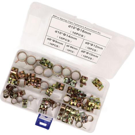 Lot de 60 colliers à oreilles en alliage de zinc avec pince haute témération carbone et boîte de rangement, kit de serrage tubulaire économique portable pour entretien auto marine moto (1/5)