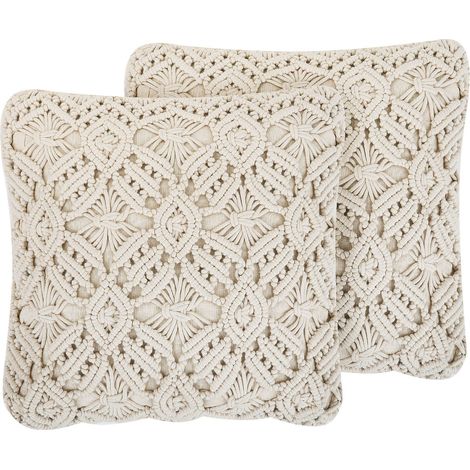 Decorative Cushion Beige Cotton Macramé 50 x 50 cm Rope Boho Retro Decor Accessories ESENKOY (1/5)