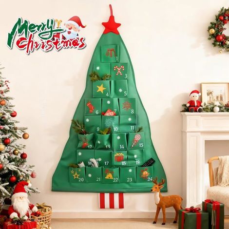 Calendrier de l'Avent Sapin de Noël 2026, 24 pochettes, 125 x 69 cm, en tissu, à suspendre, réutilisable, compte à rebours, décoration murale (1/5)