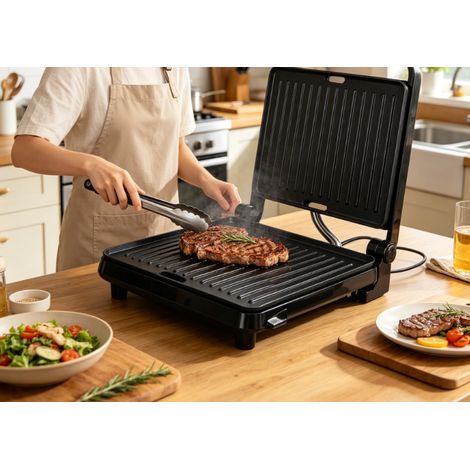 Grill à panini Aigostar 1000W en acier inoxydable, chauffe double face performant, appareil à sandwichs pratique pour la cuisine domestique (1/2)