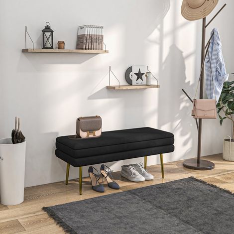Banc, banc capitonné avec rangement, aspect velours, banc de lit avec pieds en acier, banc à chaussures, banc de rangement pour salon, chambre, noir, 79,5 x 37,5 x 43 cm (1/5)