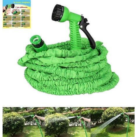 25-foot retractable hose with 7-function spray nozzle, extends up to 3 times its length.