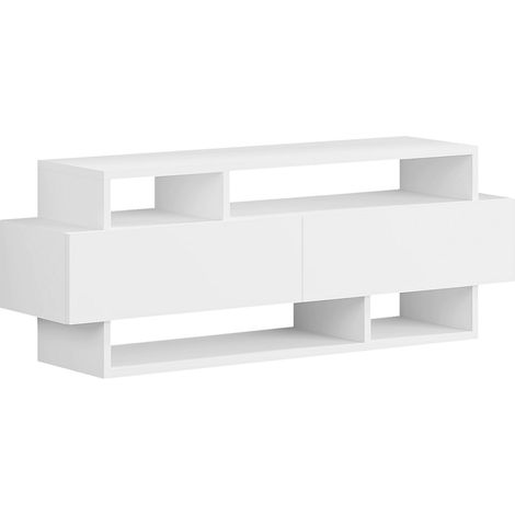 Meuble TV avec 2 portes coloris blanc - longueur 125 x profondeur 32 x hauteur 42 cm (1/4)