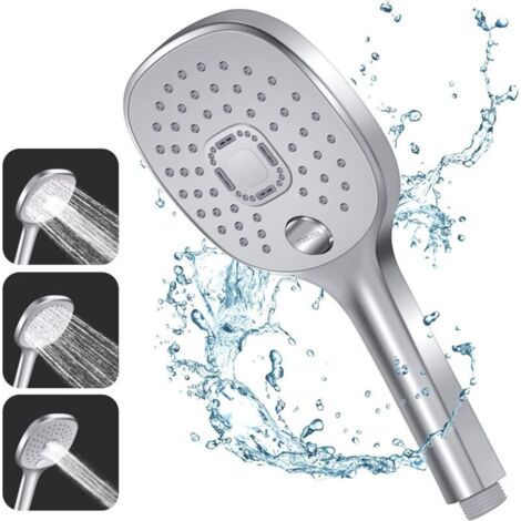 Pommeau Douche, 3 Types de Jets avec Poignée Durable et Buse en Silicone Respectueuse de l'environnement, Grand Pommeau de Douche Argenté (Pommeau de Douche sans Tuyau) (1/5)