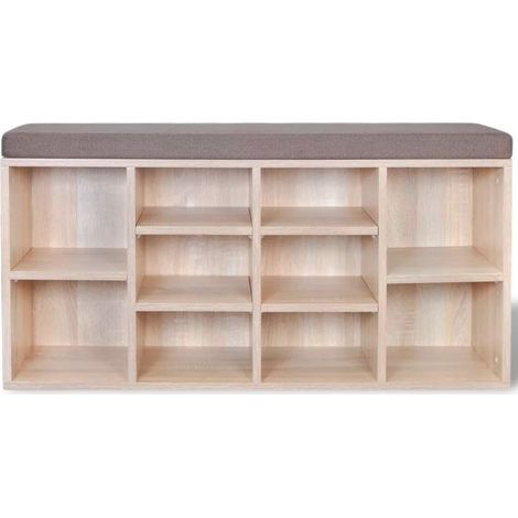 Banc de rangement chaussures 10 compartiments bois chêne clair Lou (1/4)
