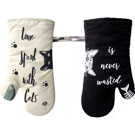 Gants de cuisine à motif double chat - Gants de four - Gants résistants à la chaleur - Protection contre les brûlures - Noir et blanc - Coton Noir et blanc (1/5)