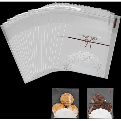 Confezione da 100 sacchettini in cellophane fatti a mano, richiudibili, trasparenti, autoadesivi, per biscotti, caramelle, gioielli, regali e forcine per capelli (10 x 10 cm) (1/5)
