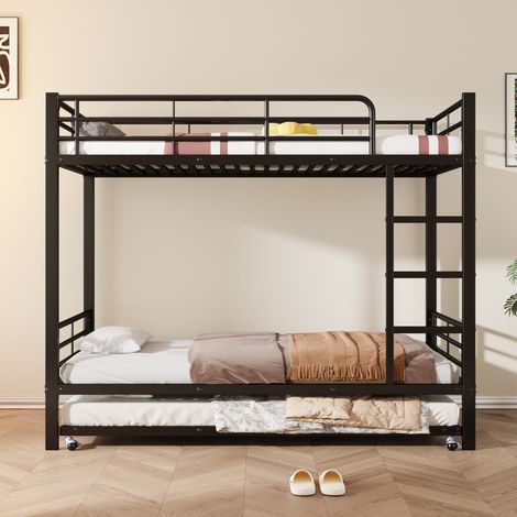 Lit superposé 90x200 cm en métal noir avec lit gigogne 90x190 cm, 4 barrières de sécurité, échelle 3 marches, sans matelas (1/5)