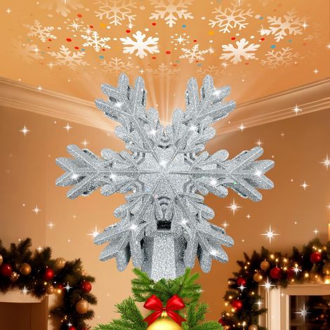 Cimier de Sapin de Noël avec projecteur LED en Forme de Flocon de Neige Rotatif - Argenté - Projection rotative à 360 ° - Design 3D Creux pailleté (1/5)