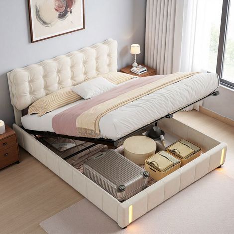 Letto 140x190 cm, 250512HXF, LED, idraulico, semplicità moderna, letto per adulti, struttura letto matrimoniale 140x190 cm, velluto, beige