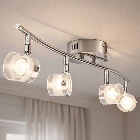 Deckenlampe Deckenleuchte Spotlampe Wohnzimmerlampe Spotleiste, 4 flammig Spots flexibel, Glas klar satiniert silber, 4x LED 4W 300Lm warmweiß, LxBxH 63x12x15cm