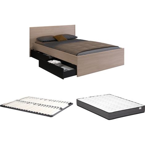 Lit avec 2 tiroirs 140 x 190 cm - Coloris : Naturel et noir + Sommier + Matelas - VELONA