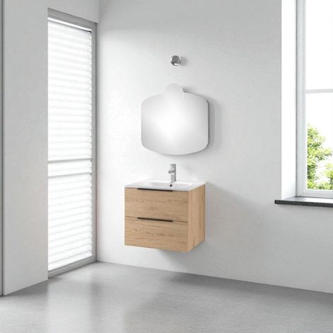 Mobile sospeso bagno 60 cm con specchio e applique LED BALI Quercia Naturale (1/5)