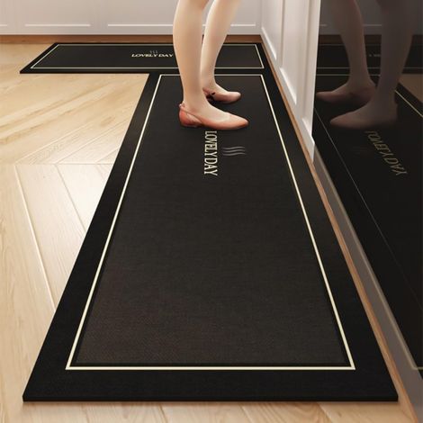 Long Non-Slip Kitchen Mat with Modern Design, Washable, Absorbent Diatomite Kitchen Mat in Front of Sink, Bath Mat for Dishes and Shower (Modern Black, 60x180cm) (1/5)