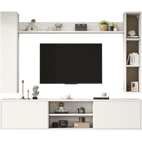 ELVMI Ensemble Meuble TV Mural avec 1 Meuble TV, 2 Meubles Muraux et 1 Étagère Murale, Panneau de Particules Blanc (1/5)