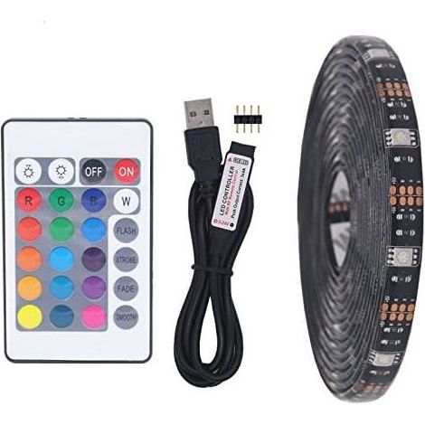 Tira de luces LED RGB de 5 m – 30 LED/m – Control remoto de 24 teclas – Alimentación USB de 5 V – No resistente al agua. Para iluminación de TV y cocina. (1/5)