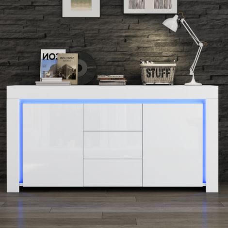 Commode moderne pour salon – 140 x 40 x 65 cm, 3 tiroirs + 2 portes, finition brillante blanche, avec bande LED intégrée, rangement polyvalent pour entrée, salon ou bureau