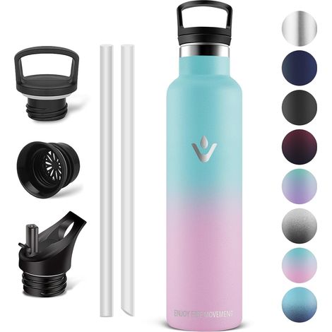 Bouteille acier inoxydable - Thermos 1l, Gourde Avec Paille, Gourdes Sans BPA, Gourde Enfant & Adulte pour Sport, école, Bureau, Gym, Voyage, Vert - Rose (1/5)