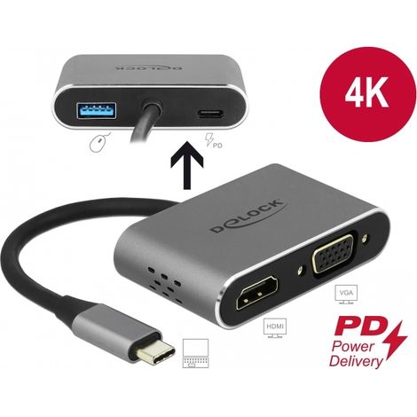 Delock Adaptador USB Type-Câ¢ a HDMI y VGA con puerto USB 3.0 y PD 87W - funcion Splitter