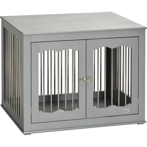 PawHut Dog Crate End Table Furniture Style Dog Cage w/ Three Doors, Locks and Latches - Grey