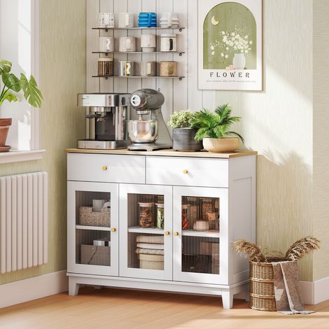 Credenza Cucina con 2 Cassetti e 2 Armadietti con Ante in Vetro, in Legno, 100x35x80.3 cm, Bianco e Rovere