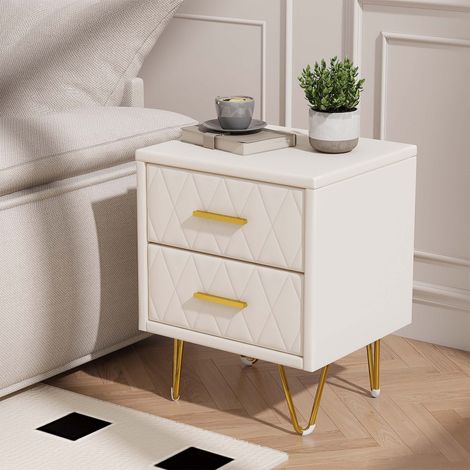 Commode de Chevet 2 pcs en PU, Moderne Table de chevet avec 2 Tiroirs et Pieds Métalliques Dorés, 41x35.5x51cm, capacité de charge 80 kg, Beige (1/5)